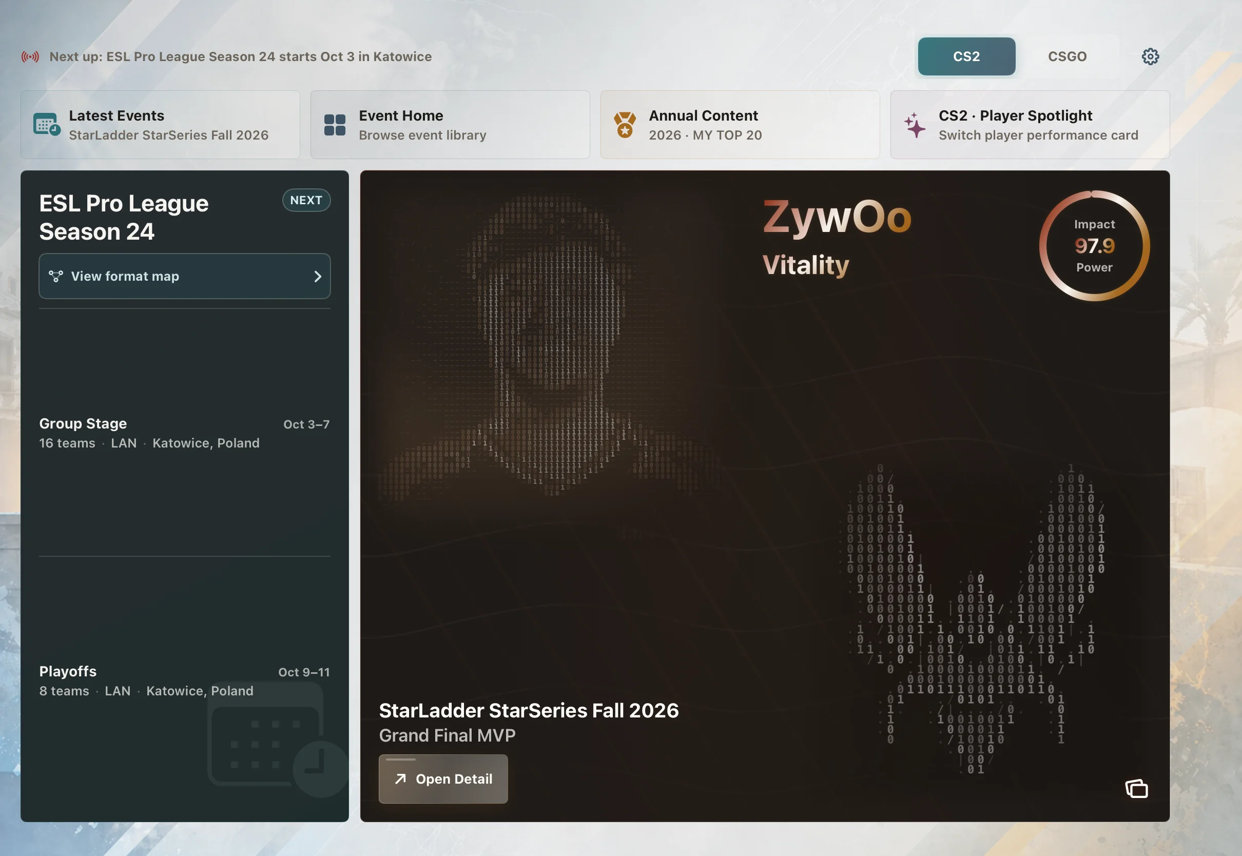My CS Events home dashboard with an upcoming tournament schedule beside a ZywOo Player Spotlight poster.