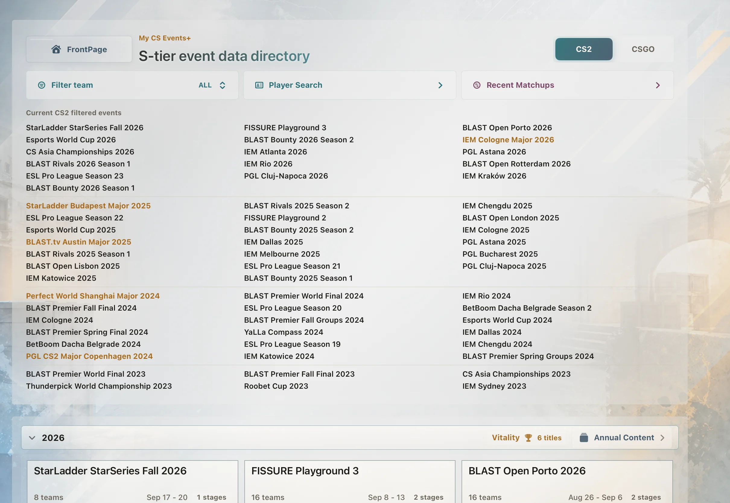 My CS Events S-Tier event directory with team filtering, Player Search, and Recent Matchups above a list of tournaments.